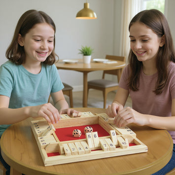 Twee handen spelen een houten bordspel met genummerde blokjes en dobbelstenen op een ronde witte tafel in een moderne woonkamer