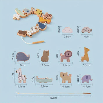 Houten rijgspeelgoed met blauwe dinosaurus