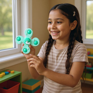 en productafbeelding van een slak-vormige bijtring of speelgoed in de kleuren geel en blauw. De ring heeft een afmeting van 13 cm.