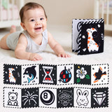 Zwart-wit babyboek met dieren en contrastvormen