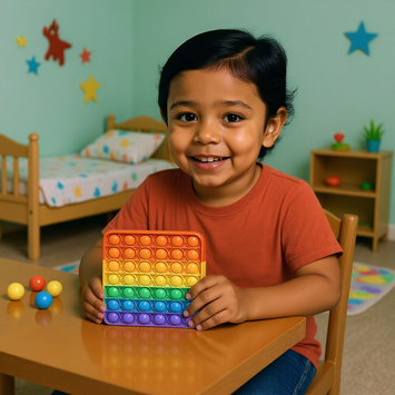  Lachend kind speelt met een regenboogkleurige pop-it, een populair zintuiglijk fidget speelgoed.