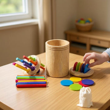 Kind dat Montessori-speelgoed van rubberhout uit een emmer leegt, met verschillende gekleurde vormen en blokken op tafel.
